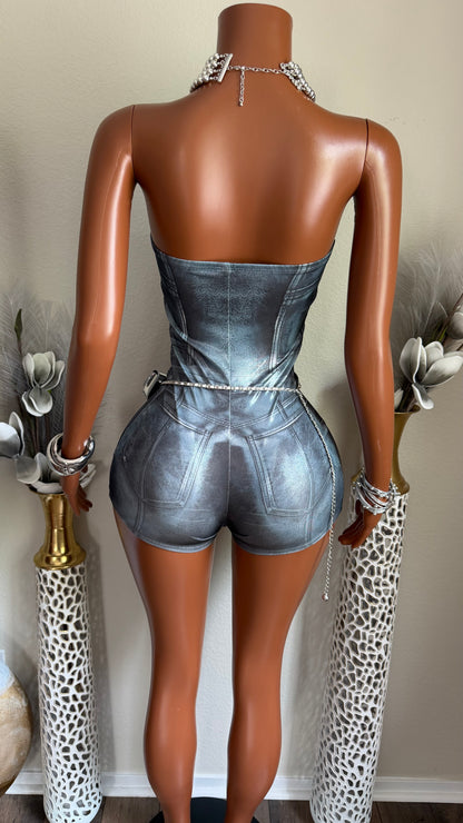 BLUE MONEY DENIM PRINT ROMPER