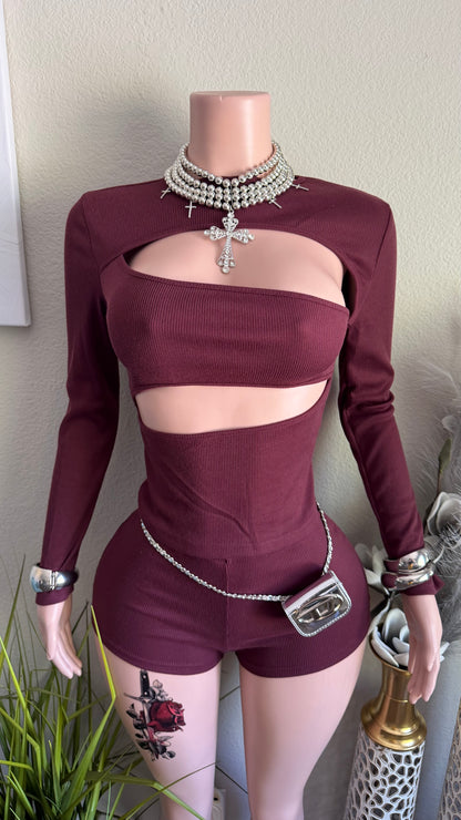 VEYDA RIBBED SHORT SET (BURGUNDY)