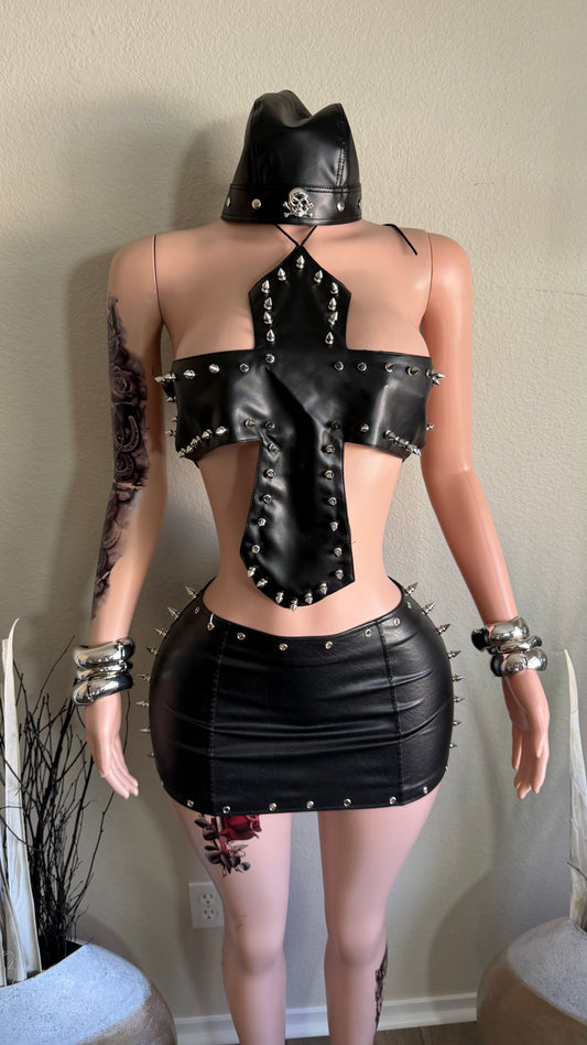 OFF THE GRID FAUX LEATHER CROSS TOP