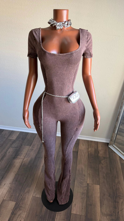 CITY LUXE MINERAL WASH JUMPSUIT (BROWN) Couture For You