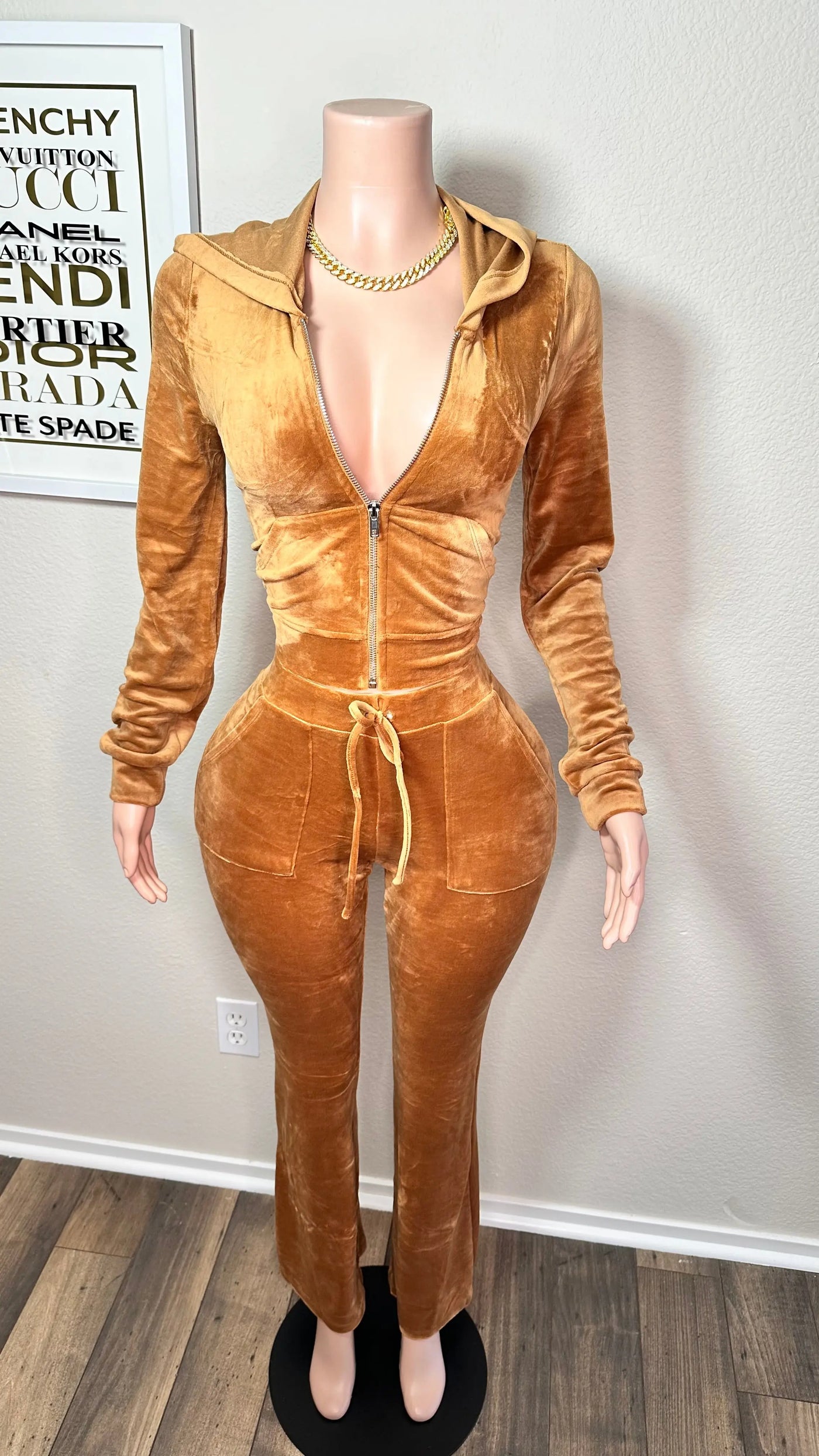 IM JUST A GIRL VELOUR FLARE LEG PANT SET (CAMEL) Couture For You