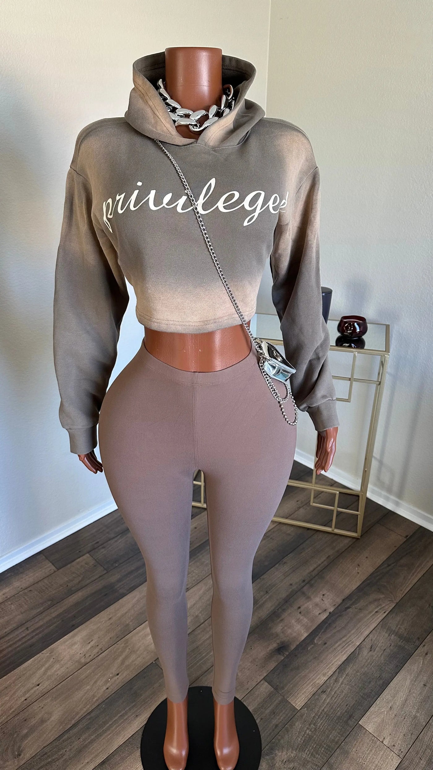PRIVILEGED CROP HOODIE 2 PIECE (TAN) Couture For You