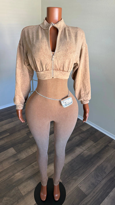 TAKING THE DAY OFF JUMPSUIT JACKET SET (TAN) Couture For You