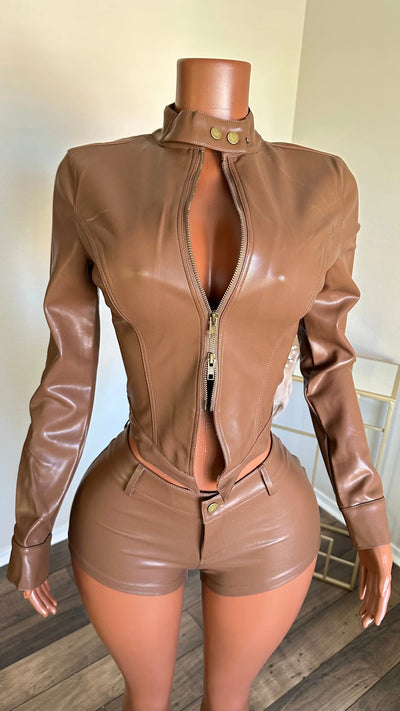 WITH PLEASURE FAUX LEATHER SHORT SET (BROWN) Couture For You