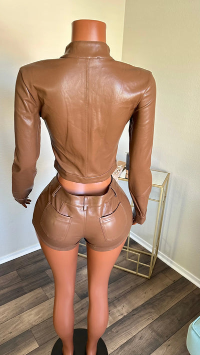 WITH PLEASURE FAUX LEATHER SHORT SET (BROWN) Couture For You